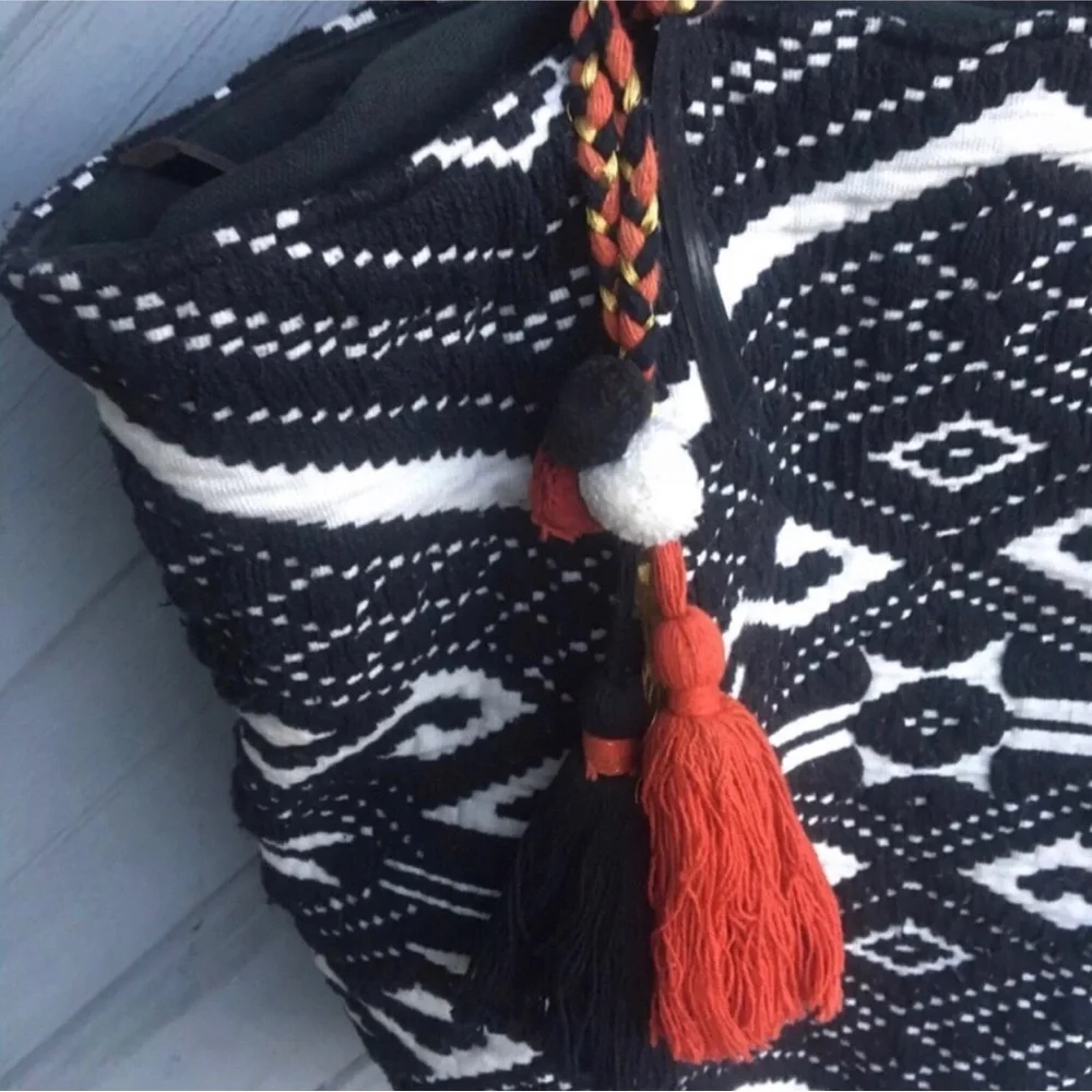 Aztec Patterned Large Woven Tote Bag with Leather Straps. Handmade.